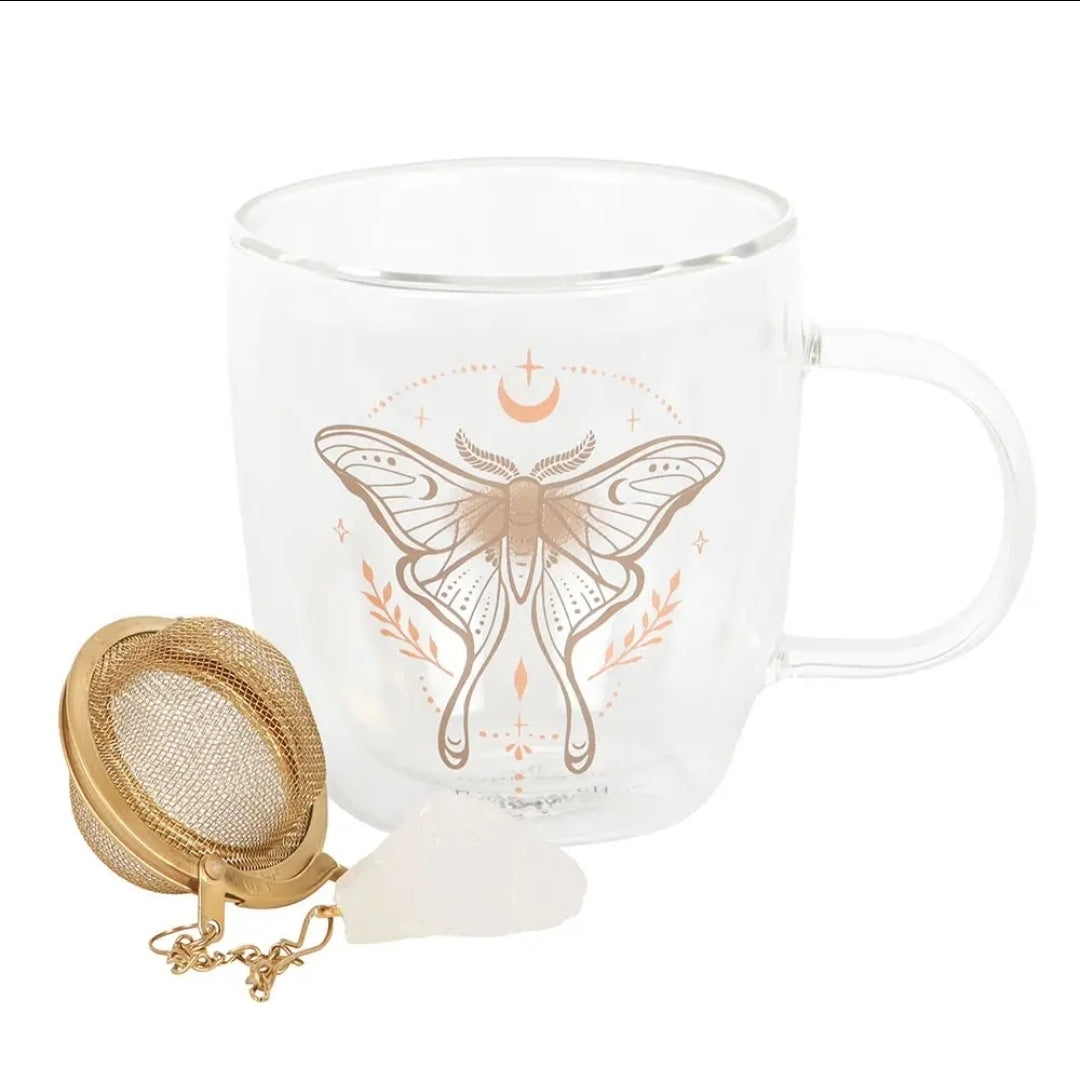 Luna Moth Double Walled Glass Mug & Crystal Tea Infuser