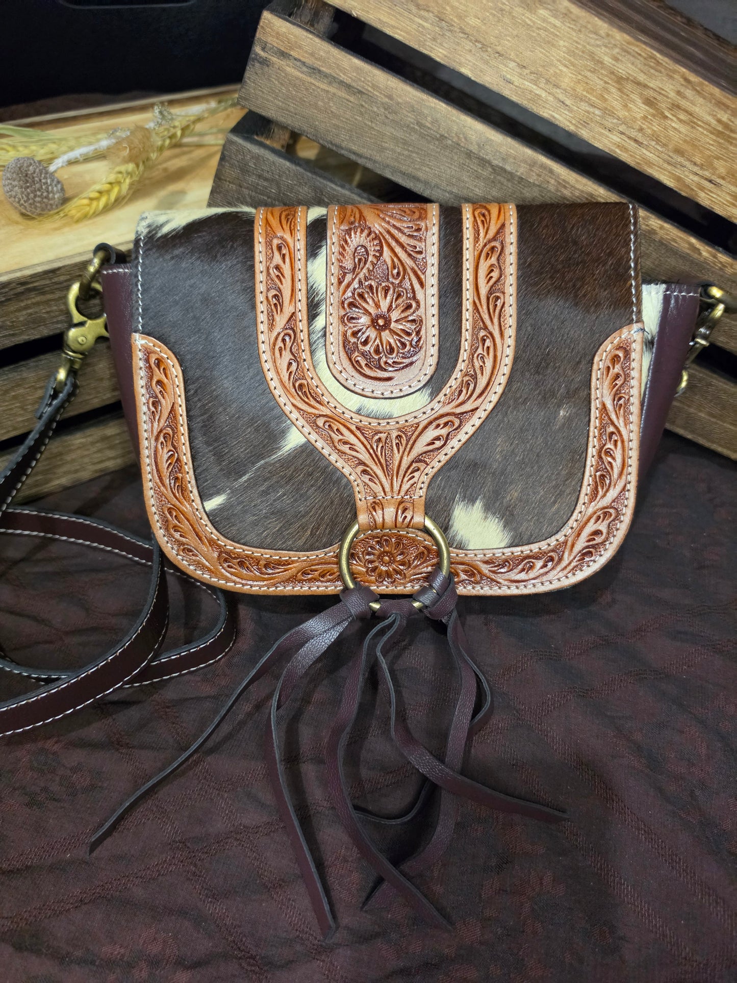 Cowhide & Leather Tooled Crossbody Bag | Fern Glade Luxe