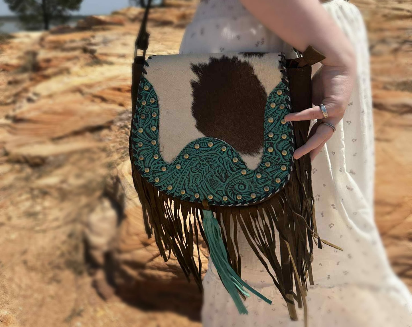 Fern Glade Luxe | Brown & Turquoise Leather Cowhide Bag