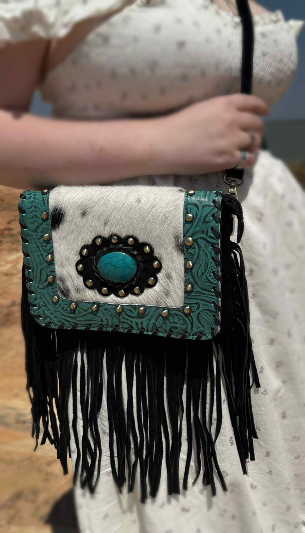 Fern Glade Luxe | Black & Turquoise Leather Cowhide bag