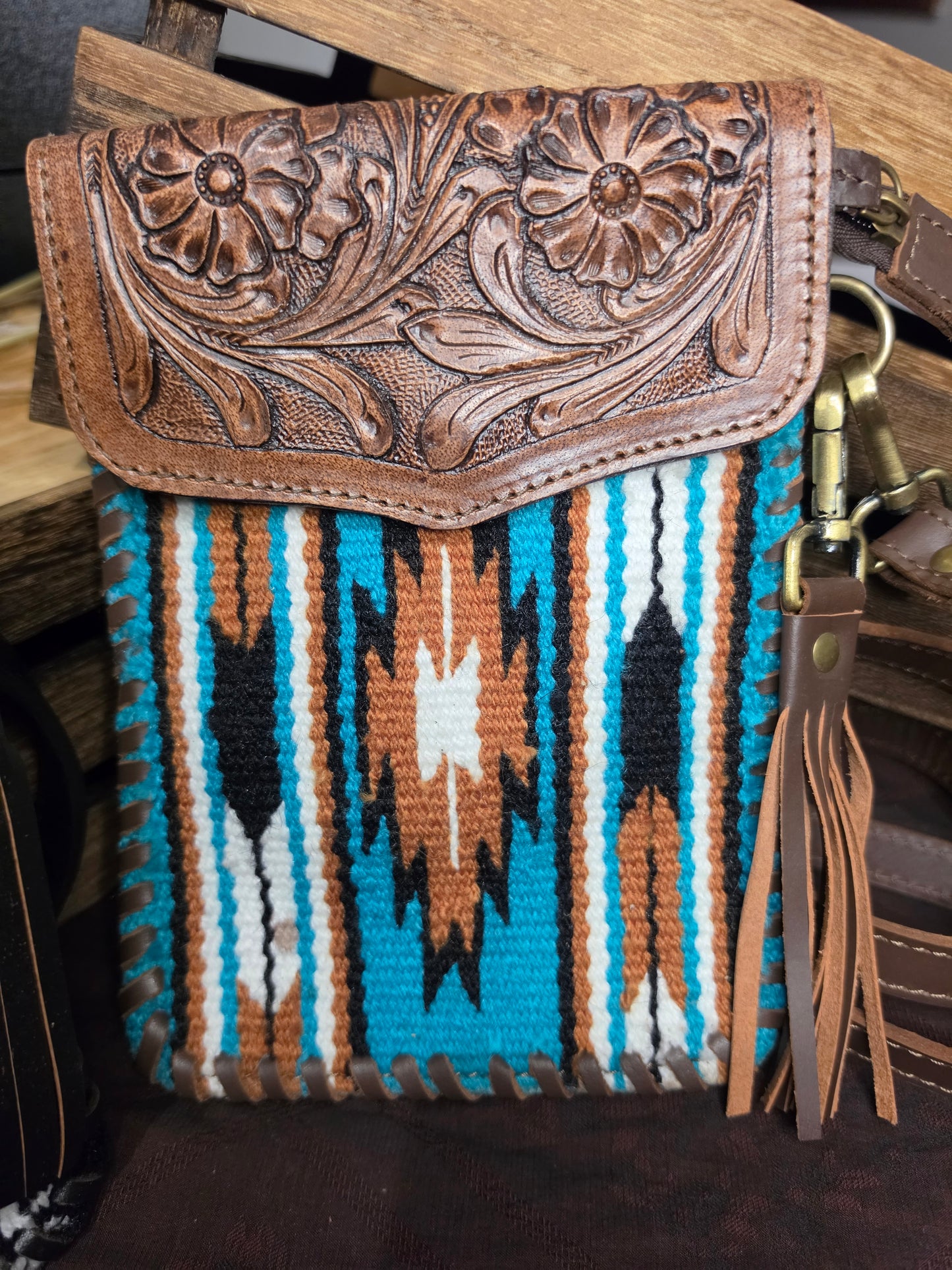 Tooled Leather & Aztec Crossbody Bag | Fern Glade Luxe