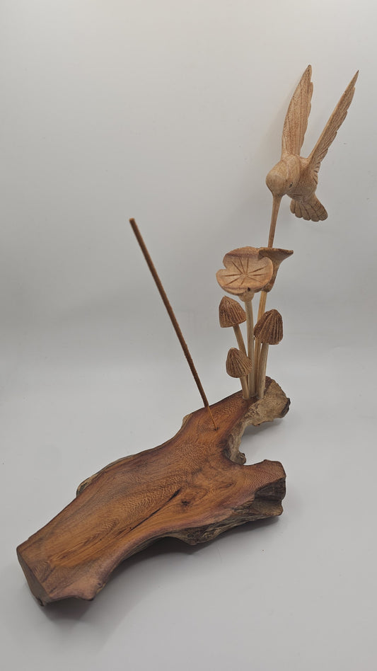 Teak Wood Hummingbird Insence Holder