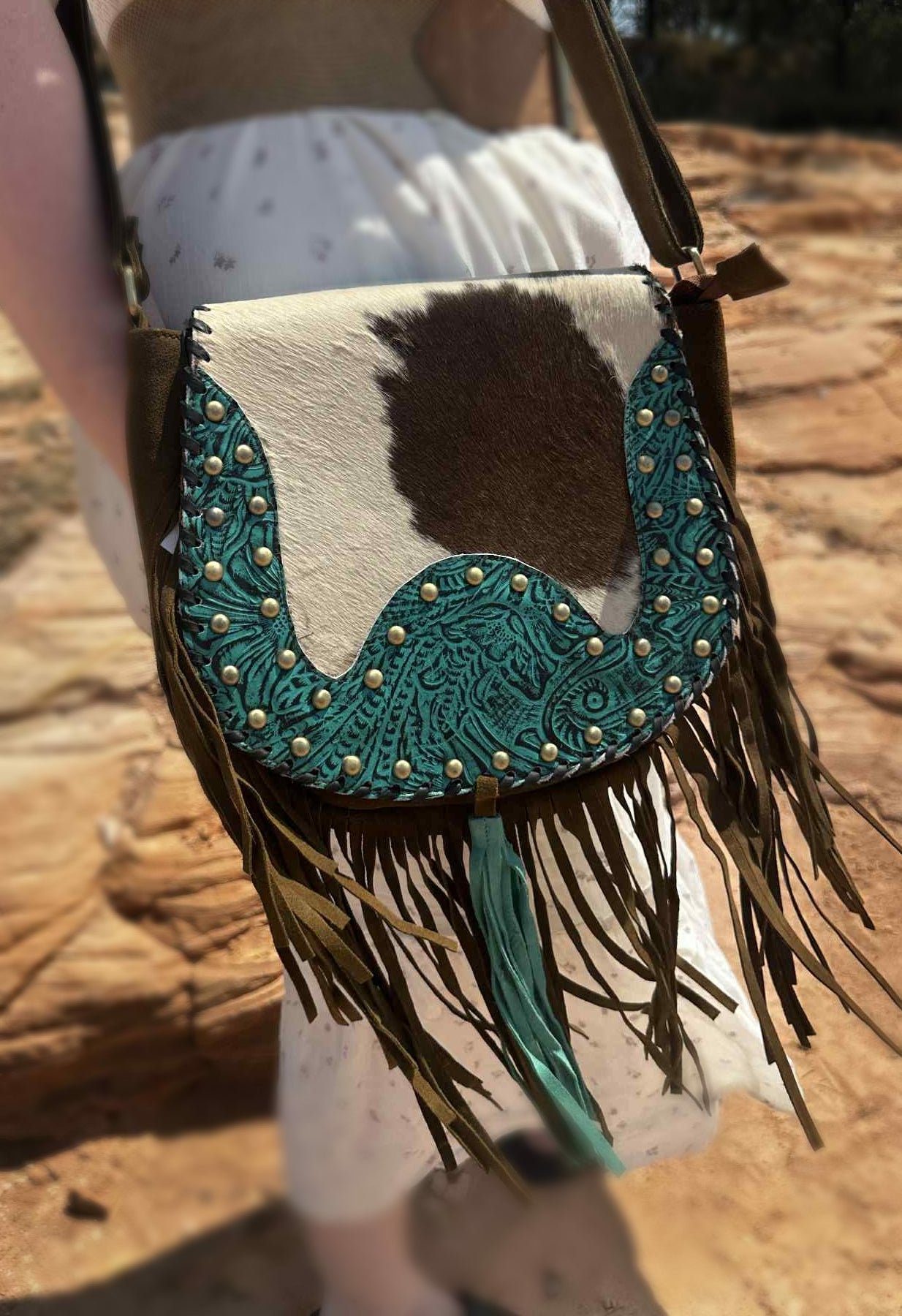 Fern Glade Luxe | Brown & Turquoise Leather Cowhide Bag
