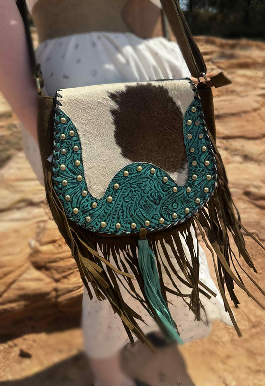 Fern Glade Luxe | Brown & Turquoise Leather Cowhide Bag