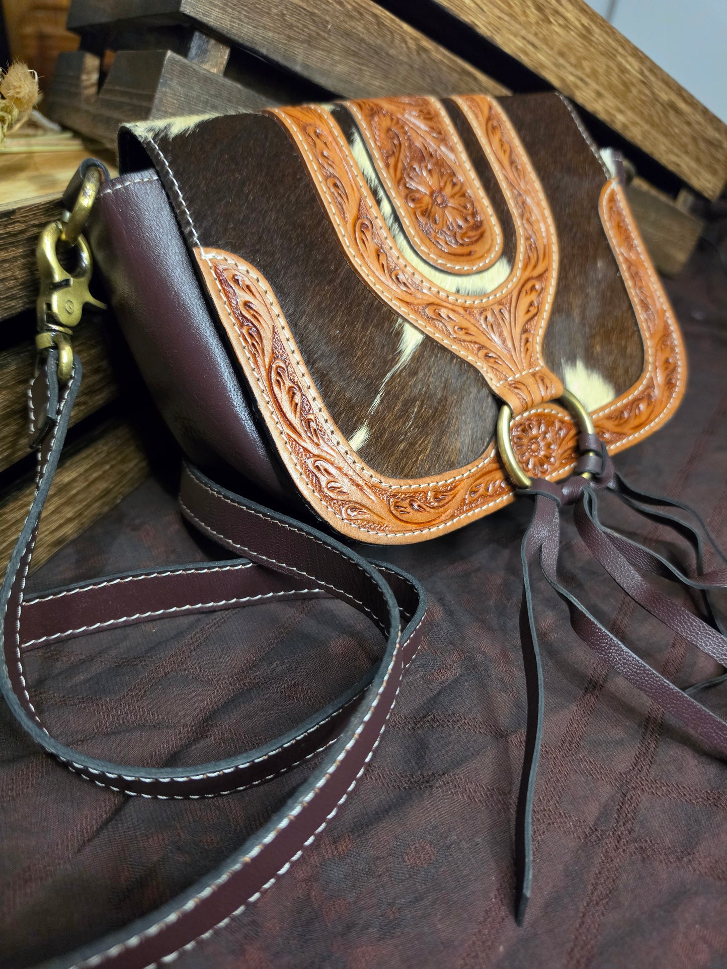 Cowhide & Leather Tooled Crossbody Bag | Fern Glade Luxe