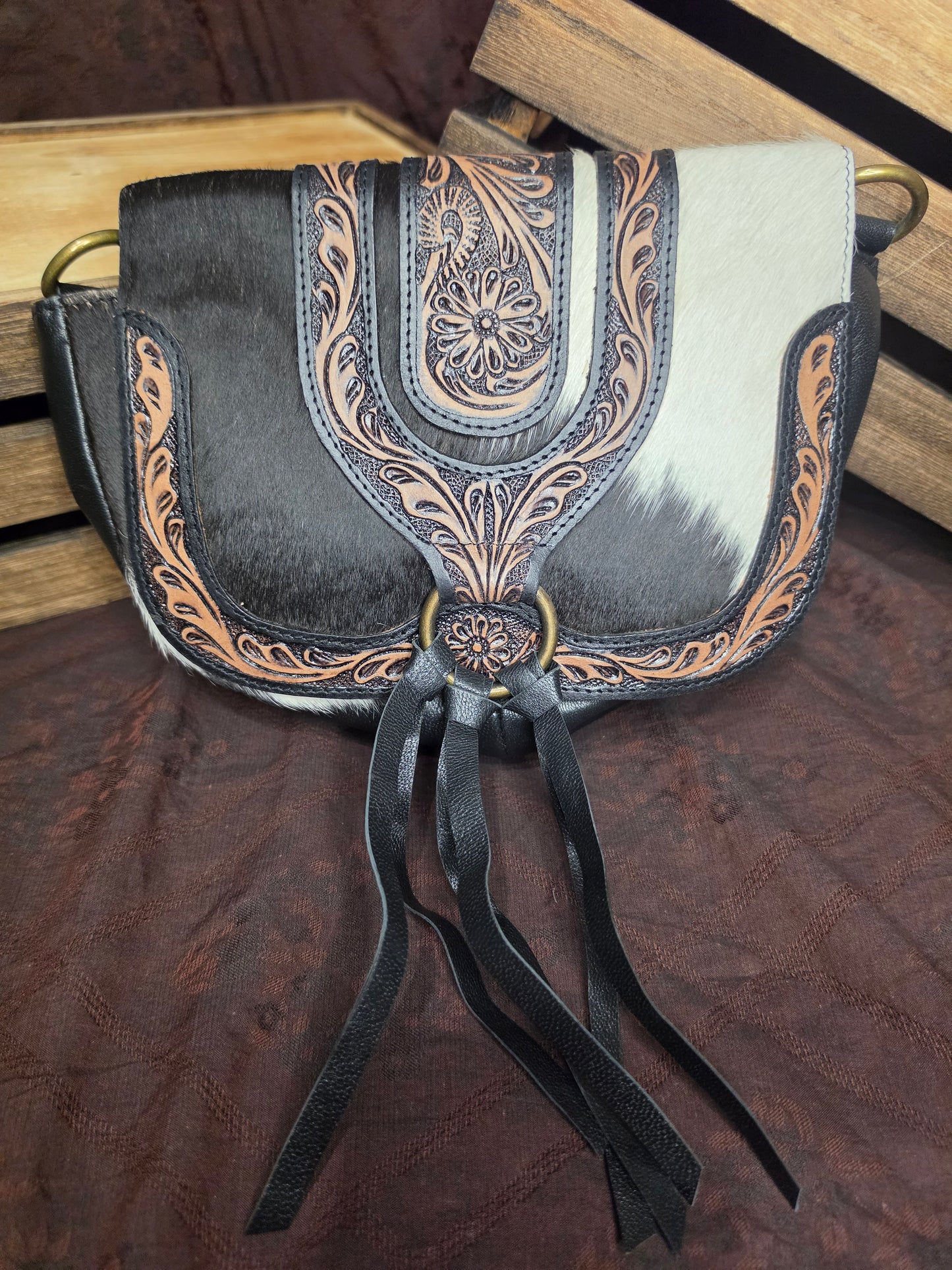 Cowhide & Leather Tooled Crossbody Bag | Fern Glade Luxe