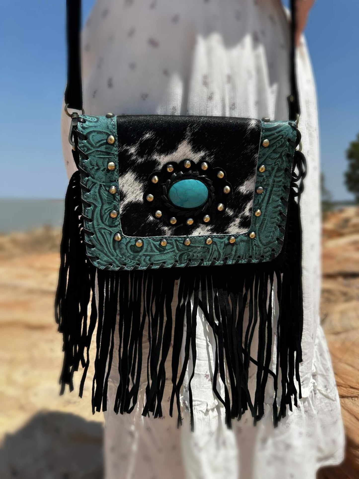 Fern Glade Luxe | Black & Turquoise Leather Cowhide bag